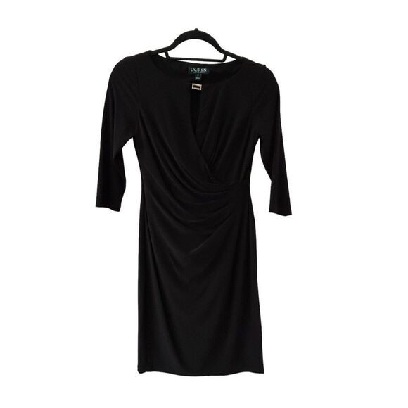 Lauren Ralph Lauren Wrap Dress Ruched 3/4 Sleeve Black Women's Size 2P - Picture 1 of 7